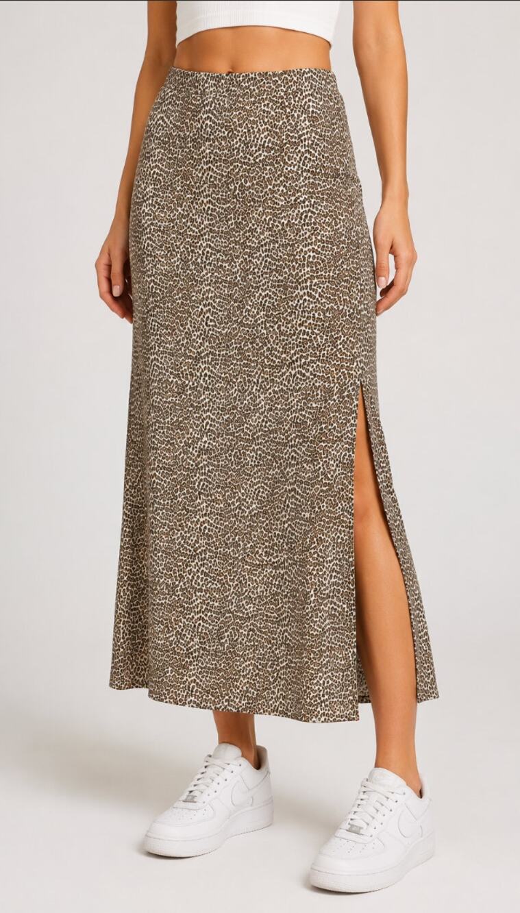 American Eagle Leopard Print Maxi Skirt Side Slit Neutral Animal Print Boho L